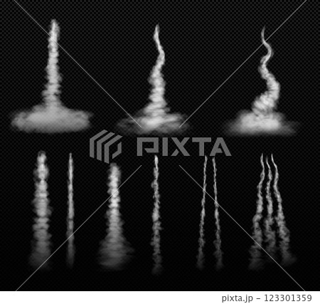 Rocket or jet aircraft smoke vertical trail vector set, realistic white fume airplane launch trace, gas fog steam flow Rocket or jet aircraft smoke vertical trail vector set, realistic white fume airplane launch trace, gas fog steam flow 123301359