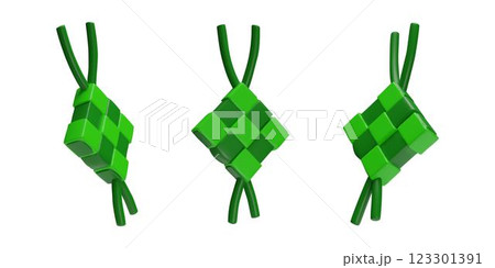 Set of 3D ketupat decorations with a green square pattern for the Eid al-Adha holiday 123301391