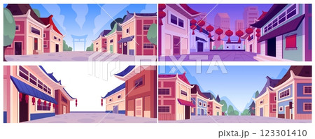 Vector set of cartoon illustrations of Chinese street in daytime, nighttime and isolated. 123301410