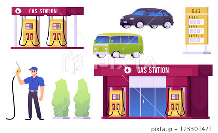 Gas station equipment vector flat set, cartoon building, refueler worker with pump hose gun, price board, fuel tank car Gas station equipment vector flat set, cartoon building, refueler worker with pump hose gun, price board, fuel tank car 123301421