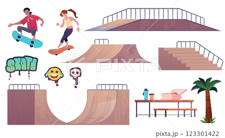 Skate park vector set, cartoon skateboard ramp and other skatepark equipment, teenagers riding skateboards, graffiti 123301422