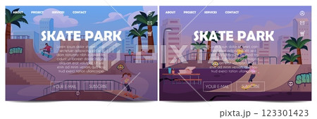 Vector set of skate park posters with a girl and guy on skateboards in city. 123301423
