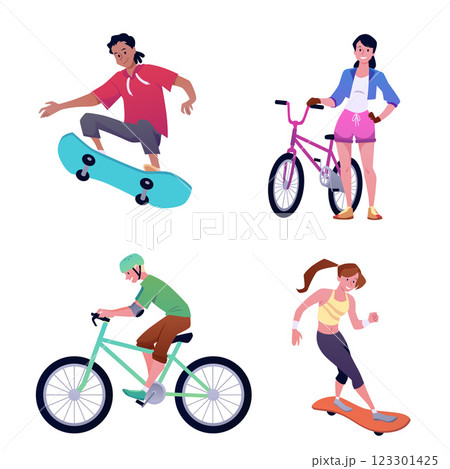 Boys and girls riding bicycle, skateboard or longboard, vector cartoon extreme sport, teenager street activity lifestyle 123301425