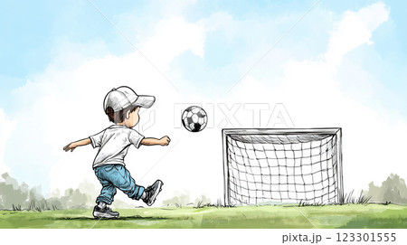 サッカーで遊ぶ子供のイラスト	 123301555