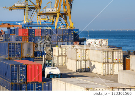 Cargo containers stacked on berth of sea port on sunny day. Maritime logistics, transportation, commercial seaport, global trade, shipping containers in various colors, cargo handling equipment, clear Cargo containers stacked on berth of sea port on sunny day. Maritime logistics, transportation, commercial seaport, global trade, shipping containers in various colors, cargo handling equipment, clear 123301560
