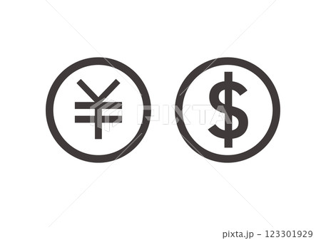 シンプルでフラットな日本円とドルのアイコンイラストセット シンプルでフラットな日本円とドルのアイコンイラストセット 123301929