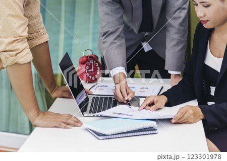 Business strategy team report chart, graph, infographic data analyze financial report plan. Hands team partner planning marketing finance statistics sale report with excel spreadsheet accountting 123301978