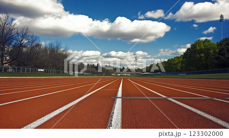 青空の下の陸上競技トラック	 123302000
