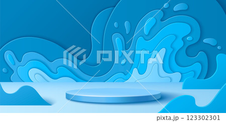 Abstract 3d blue paper cut splash background 123302301