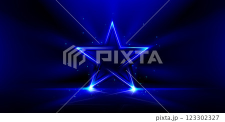 Neon blue glowing star shape on dark background. Neon blue glowing star shape on dark background. 123302327