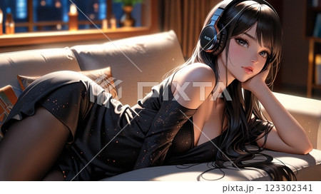 ホテルで音楽を聴く美女のイラスト 123302341