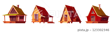 Log cabin set with wooden structures. Log cabin set with wooden structures. 123302346