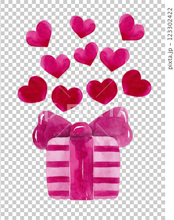 Striped gift box with a bow and a bunch of hearts. Hot pink watercolor. Card for your beloved girl. Perfect for your Women's Day design Striped gift box with a bow and a bunch of hearts. Hot pink watercolor. Card for your beloved girl. Perfect for your Women's Day design 123302422
