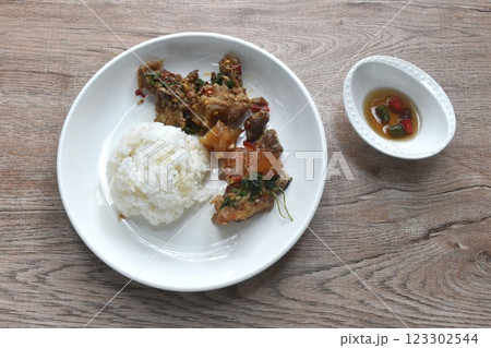 spicy stir fried slice braised beef meat and tendon with basil leaf and chili eat couple plain rice on plate   123302544