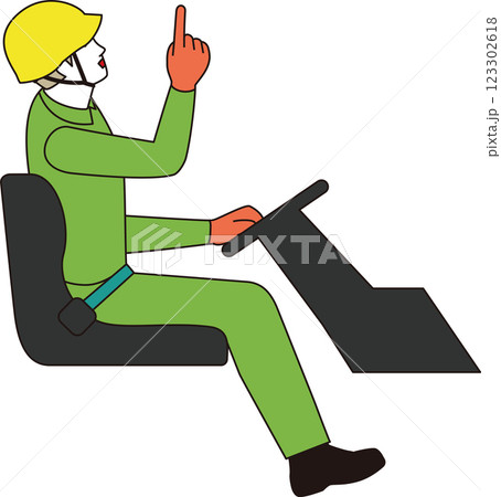 運転席のオペレーターの男性作業員。指差しで安全確認 運転席のオペレーターの男性作業員。指差しで安全確認 123302618