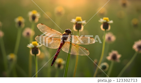 Dragonfly with Red Abdomen Perched on Grass Stem in Sunset Light Dragonfly with Red Abdomen Perched on Grass Stem in Sunset Light 123302713