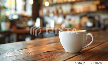 A warm cup of coffee sits on rustic wooden table, surrounded by cozy cafe atmosphere with blurred background elements. inviting scene evokes sense of comfort and relaxation 123302862