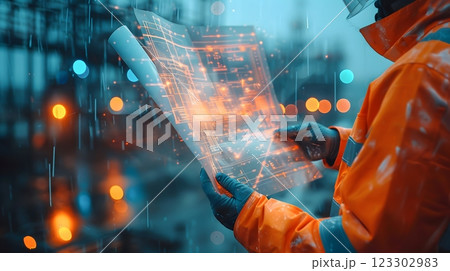 Engineer holding doing architect indoors architecture hologram blueprint planning construction industry business, paper design home interior engineering construction site working innovation futuristic 123302983