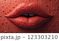 Close-up of beautiful aesthetic lips with red lipstick filled with decorative hearts around, sexy and sensual atmosphere 123303210