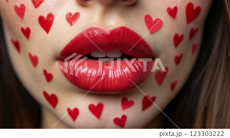 Close-up of beautiful aesthetic lips with red lipstick filled with decorative hearts around, sexy and sensual atmosphere 123303222