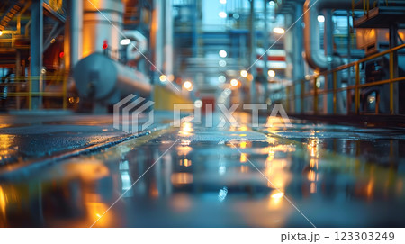 A vibrant industrial scene featuring blurred machinery and pipes, showcasing factory environment with reflections on wet floor. atmosphere is dynamic and energetic in manufacturing interior technology 123303249