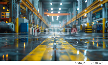 A vibrant industrial scene featuring blurred machinery and pipes, showcasing factory environment with reflections on wet floor. atmosphere is dynamic and energetic in manufacturing interior technology 123303250