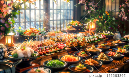 delicious seafood gourmet Sushi rice rolls with variety of fish salmon shrimp wasabi tuna ginger, perfect for events like Hanami or Obon festival season. presentation evokes sense of celebration joy 123303265