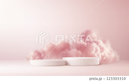 A pristine white podium set against a backdrop of soft pink clouds 123303310