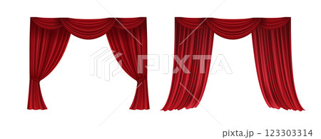 Realistic 3D Set of Red Velvet Theater Curtains Open and Closed Long and Short Top Borders Isolated on White Background 123303314