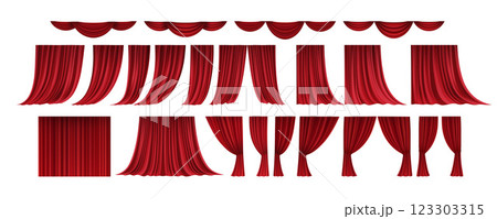 Realistic 3D Set of Red Velvet Theater Curtains Open and Closed Long and Short Top Borders Isolated on White Background Realistic 3D Set of Red Velvet Theater Curtains Open and Closed Long and Short Top Borders Isolated on White Background 123303315