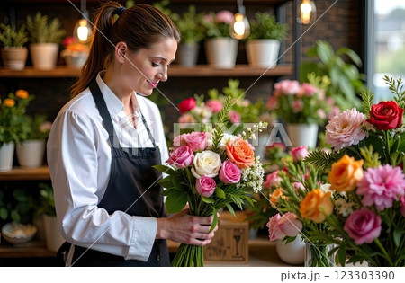 A bouquet of roses and spring flowers in the hands of a florist in the interior of a flower shop, delivery for holiday. Spring, March 8, women's Day, birthday. AI generated 123303390