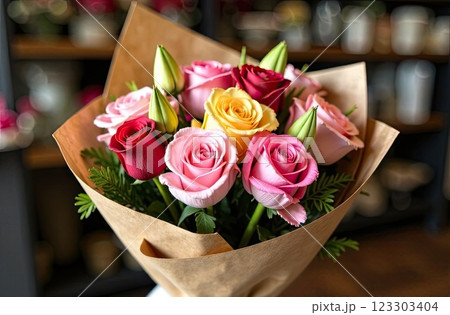 A bouquet of roses and spring flowers in the hands of a florist wrapped in kraft paper in the interior of a flower shop, delivery for holiday. Spring, March 8, women's Day, birthday. AI generated 123303404