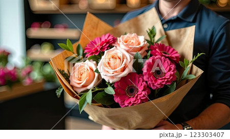 A bouquet of roses and spring flowers in the hands of a florist wrapped in kraft paper in the interior of a flower shop, delivery for holiday. Spring, March 8, women's Day, birthday. AI generated A bouquet of roses and spring flowers in the hands of a florist wrapped in kraft paper in the interior of a flower shop, delivery for holiday. Spring, March 8, women's Day, birthday. AI generated 123303407