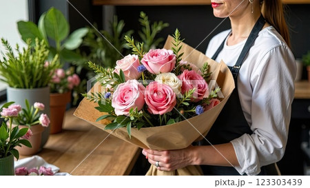 A bouquet of roses and spring flowers in the hands of a florist wrapped in kraft paper in the interior of a flower shop, delivery for holiday. Spring, March 8, women's Day, birthday. AI generated A bouquet of roses and spring flowers in the hands of a florist wrapped in kraft paper in the interior of a flower shop, delivery for holiday. Spring, March 8, women's Day, birthday. AI generated 123303439