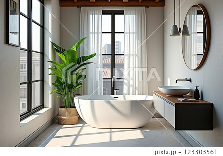 Modern loft-style bathroom with window, large potted plant, round mirror. Interior design. AI generated Modern loft-style bathroom with window, large potted plant, round mirror. Interior design. AI generated 123303561