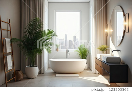 Modern loft-style bathroom with window, large potted plant, round mirror. Interior design. AI generated 123303562