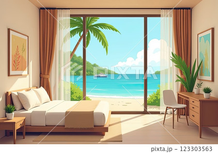 Illustration interior of the hotel room with a view of the ocean for a beach holiday and travel. AI generated 123303563