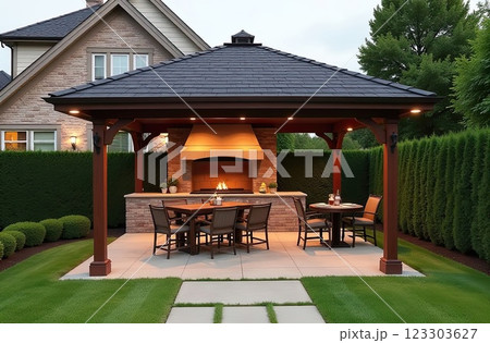 Gazebo with barbecue area in the courtyard of the house with barbecue, stove, table, roof.  AI generated 123303627