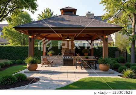 Gazebo with barbecue area in the courtyard of the house with barbecue, stove, table, roof.  AI generated 123303628