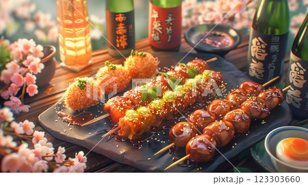 delicious seafood gourmet Sushi rice rolls with variety of fish salmon shrimp wasabi tuna ginger, perfect for events like Hanami or Obon festival season. presentation evokes sense of celebration joy 123303660