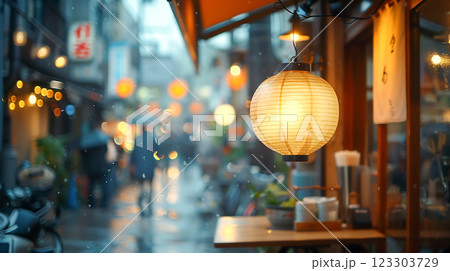cozy local ramen shop illuminated by glowing lantern street blurred background warm lights in rainy day, urban food restaurant city Japanese outdoor dining night culture traditional market nightlife 123303729