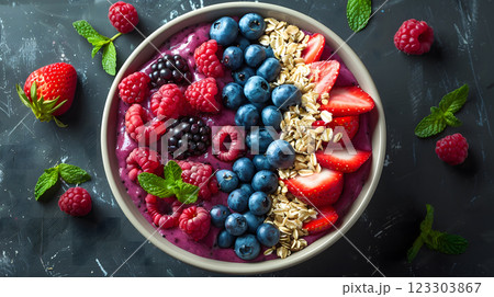 fresh delicious mix berries fruit strawberries blueberries raspberries blackberries oats mint smoothies in bowl for healthy lifestyle breakfast lunch snack nourishment weight control diet summer juicy 123303867