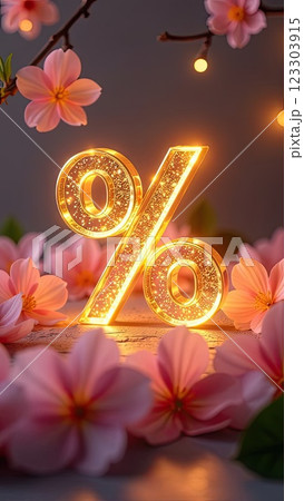 Neon glowing gold percentage sign against background of pink blooming, glitter and petals. Spring sale and discounts, March 8, Easter, Women's Day banner, flyer with copy space. AI generated Neon glowing gold percentage sign against background of pink blooming, glitter and petals. Spring sale and discounts, March 8, Easter, Women's Day banner, flyer with copy space. AI generated 123303915