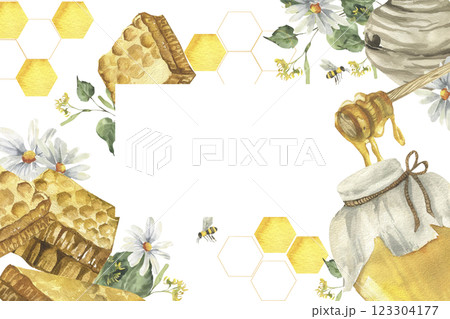 Organic honey watercolor banner template with honey jar, comb pieces,bees and floral chamomile and linden illustrations. Hand drawn isolated frame for healthy food label,ingredient ,packing design Organic honey watercolor banner template with honey jar, comb pieces,bees and floral chamomile and linden illustrations. Hand drawn isolated frame for healthy food label,ingredient ,packing design 123304177