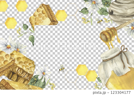 Organic honey watercolor banner template with honey jar, comb pieces,bees and floral chamomile and linden illustrations. Hand drawn isolated frame for healthy food label,ingredient ,packing design Organic honey watercolor banner template with honey jar, comb pieces,bees and floral chamomile and linden illustrations. Hand drawn isolated frame for healthy food label,ingredient ,packing design 123304177