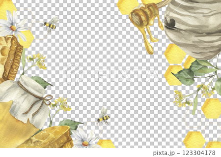 Honey jar,yellow combs and pieces, flying bees decorated by combs watercolor banner template. Isolated frame with copy space for organic food shop label, logo, packing design Honey jar,yellow combs and pieces, flying bees decorated by combs watercolor banner template. Isolated frame with copy space for organic food shop label, logo, packing design 123304178