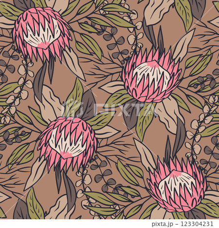 Seamless pattern with hand drawn protea flowers on brown background Seamless pattern with hand drawn protea flowers on brown background 123304231