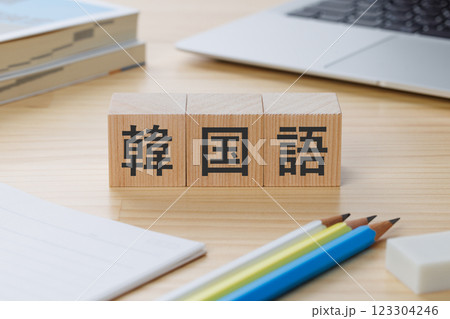 机の上に韓国語と書かれたブロック 机の上に韓国語と書かれたブロック 123304246