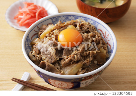 玉子の黄身を乗せた美味しそうな牛丼 玉子の黄身を乗せた美味しそうな牛丼 123304593