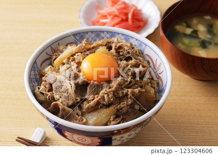 玉子の黄身を乗せた美味しそうな牛丼 玉子の黄身を乗せた美味しそうな牛丼 123304606